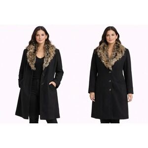 Moda International Womens Wool Blend Coat Size M‎ Black Faux Fur Collar